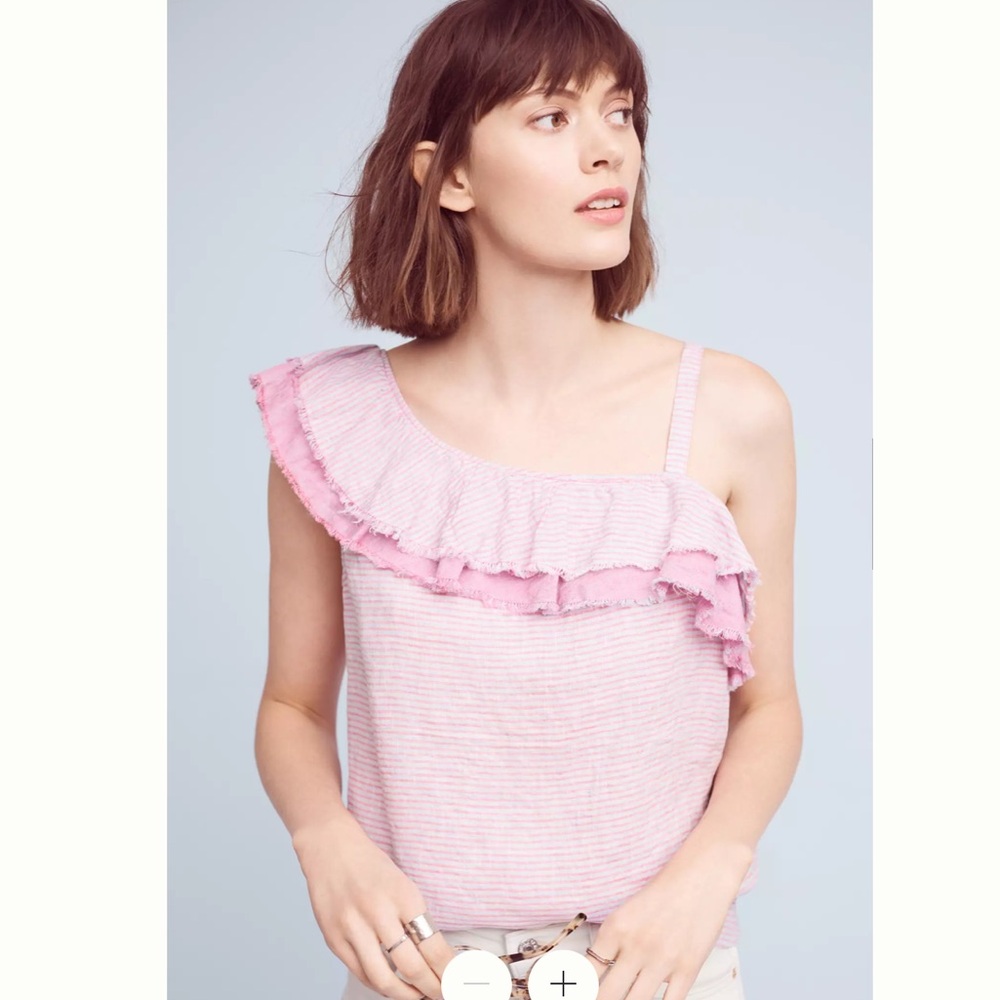 Holding Horses Pink Lilac Ruffled Linen Raw Hem One-Shoulder Top Sz L